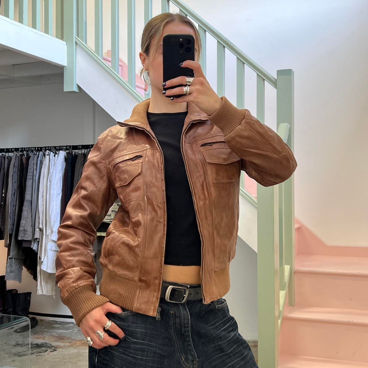 Brown zip up leather bomber jacket