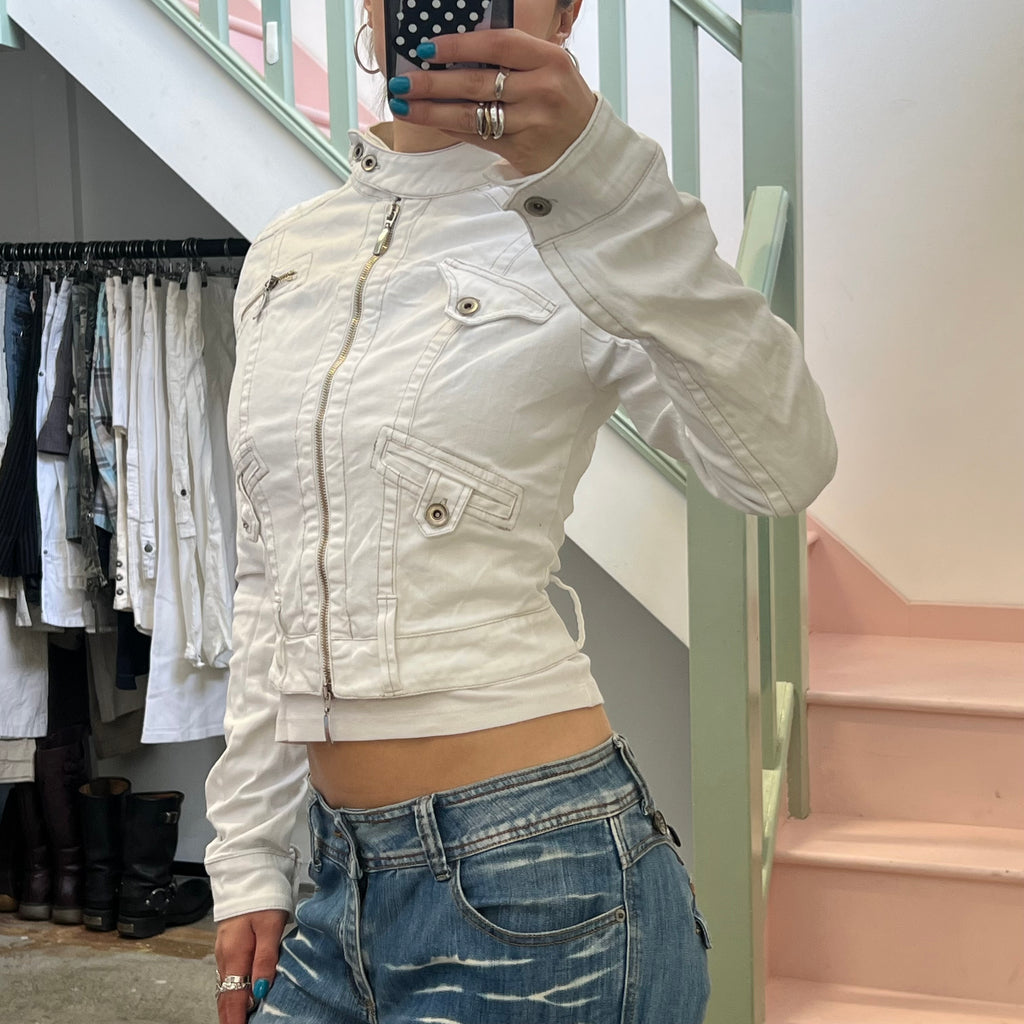 White denim zip up biker jacket