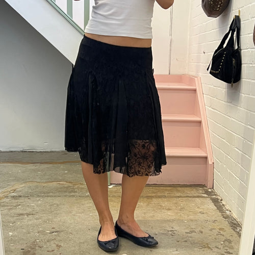 Black lace sheer floaty midi skirt