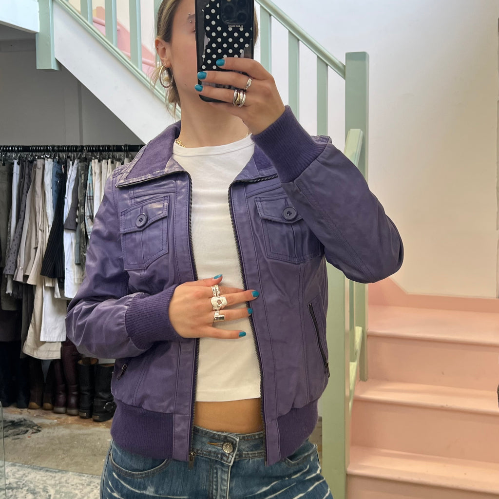 Purple leather zip up bomber jacket
