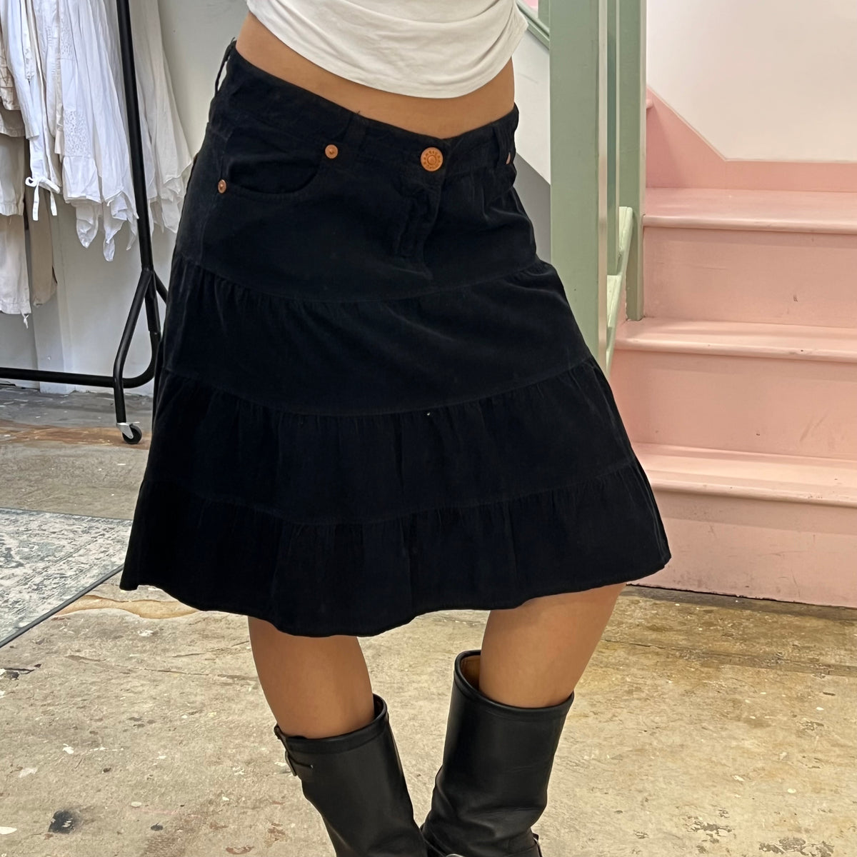 Black tiered corduroy midi skirt