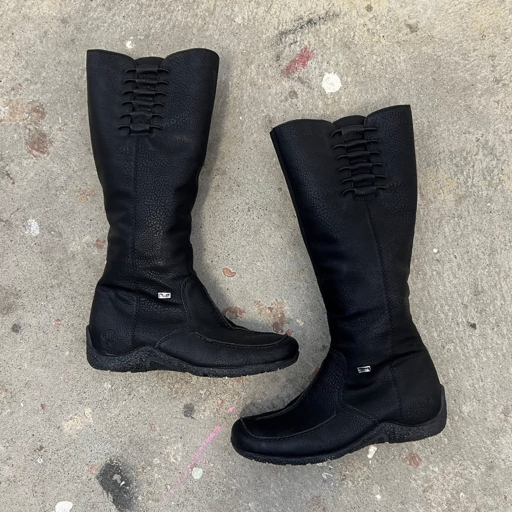 Black faux leather flat lace up knee high boots