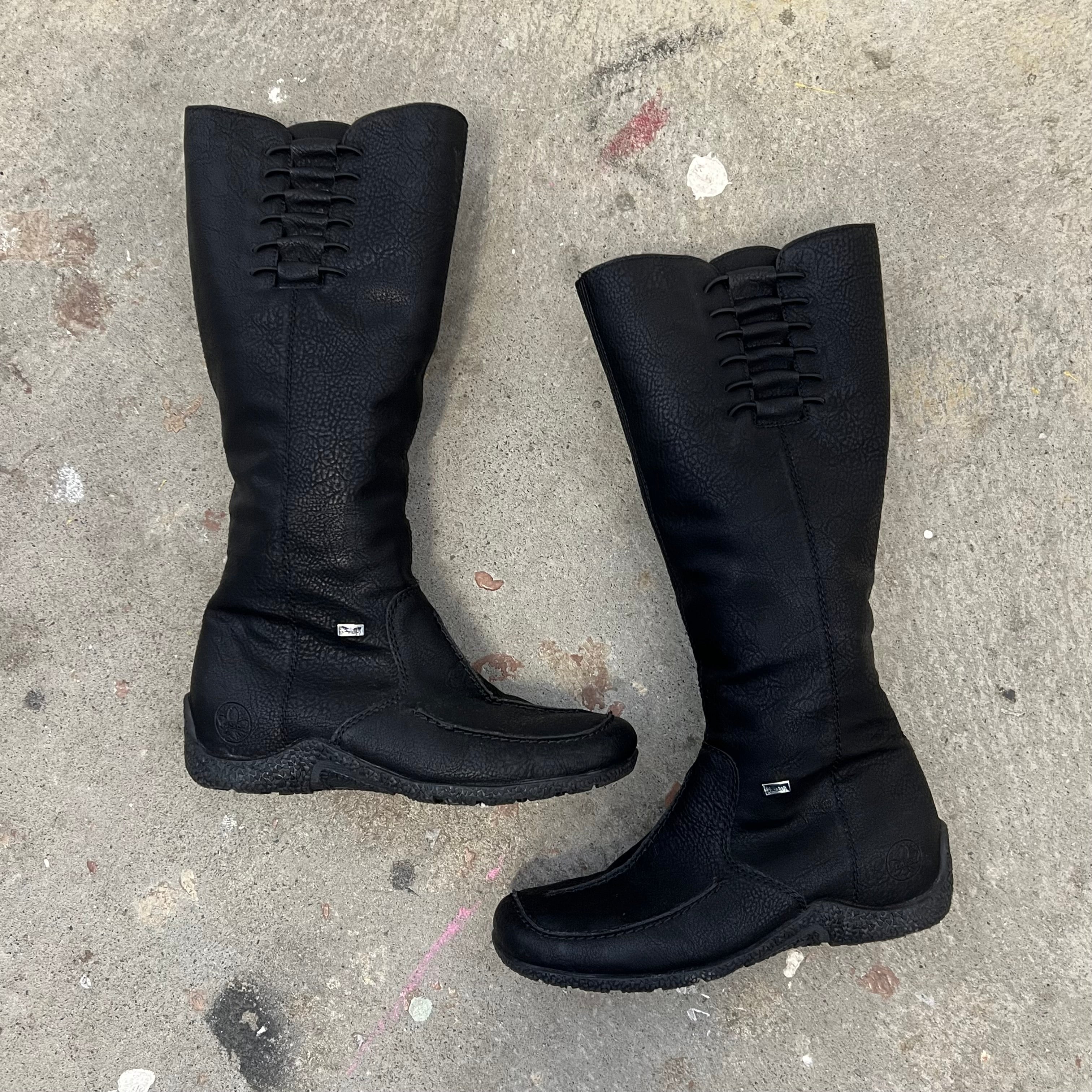 Black faux leather flat lace up knee high boots