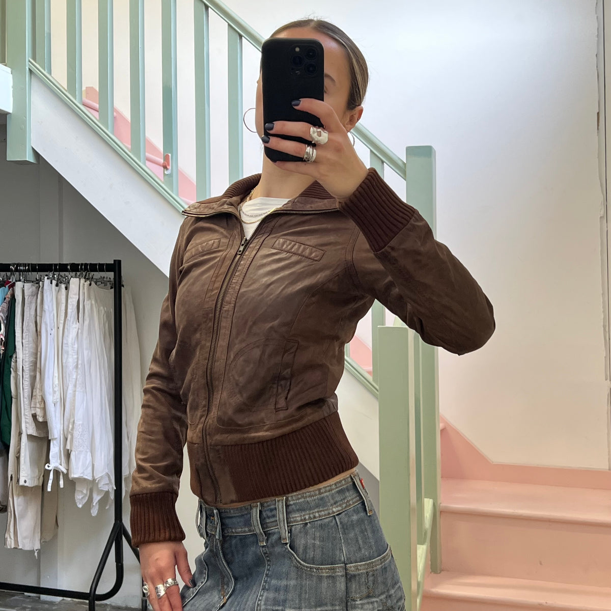 Brown leather bomber jacket