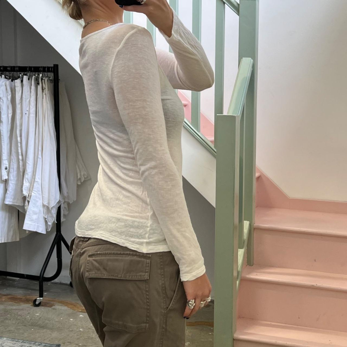 White cotton fitted boat neck top