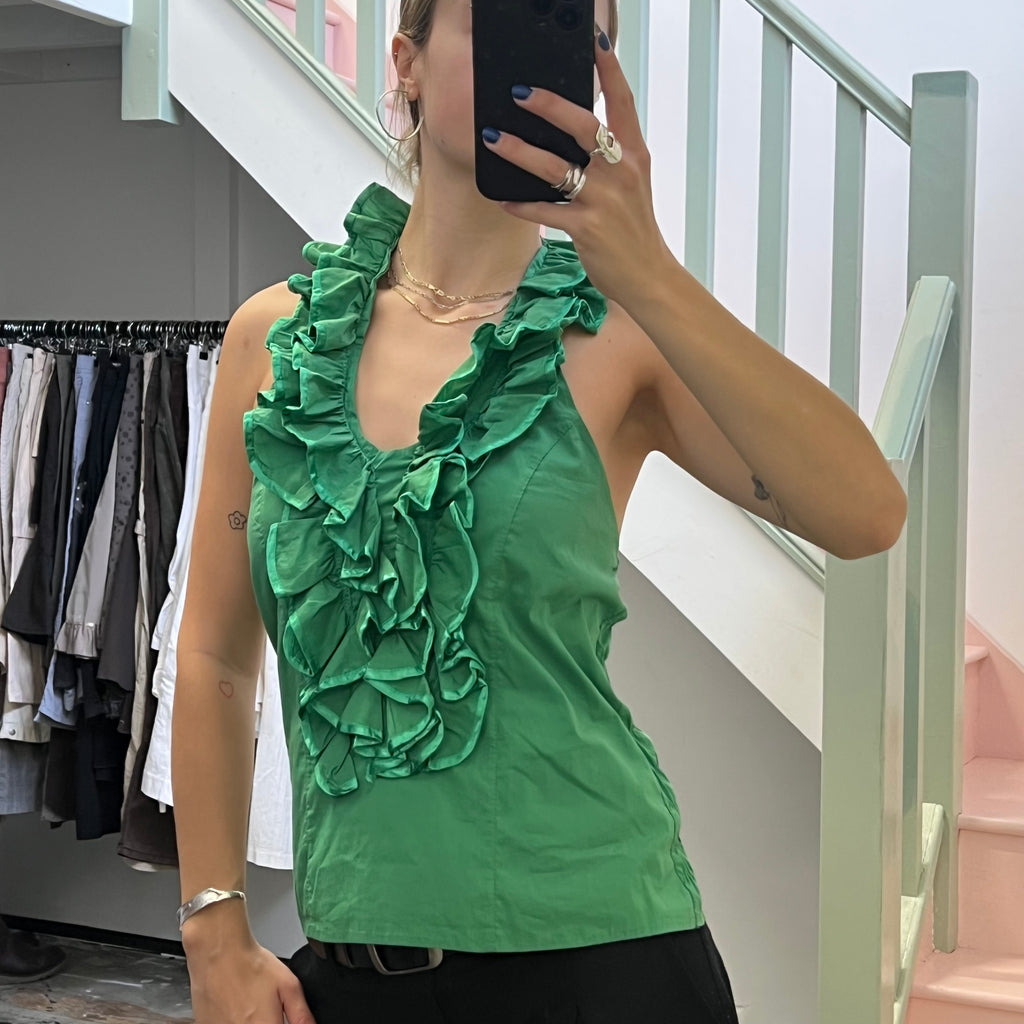 Green ruffle halter vest