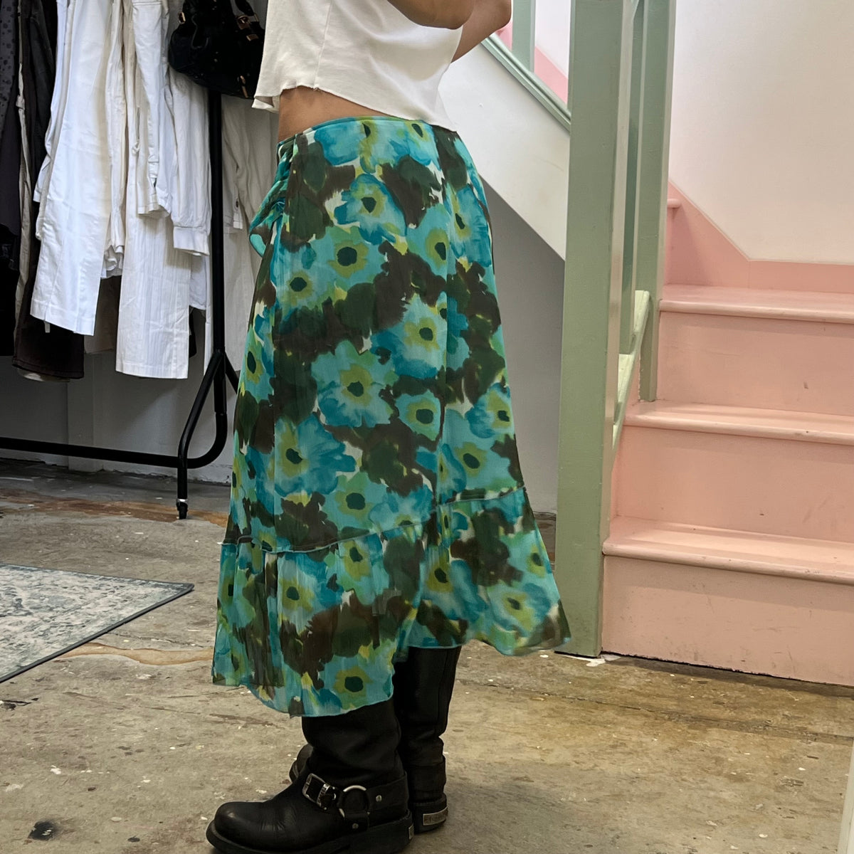 Turquoise printed floral maxi skirt