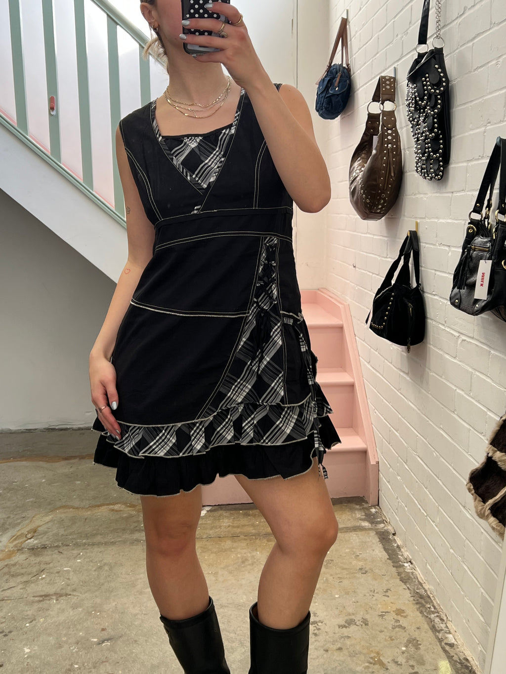 Black and grey layered checkered utility style mini dress