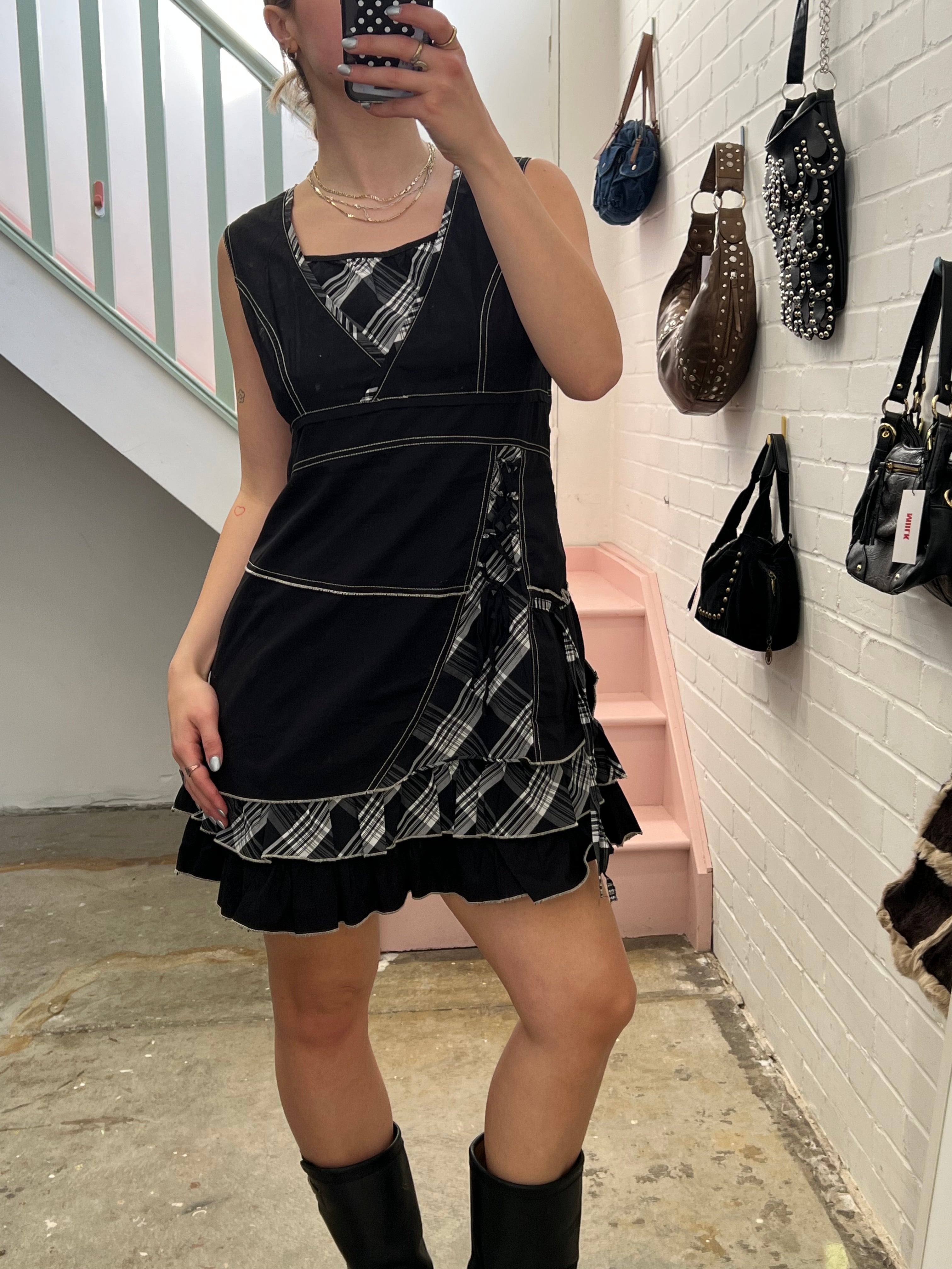 Black and grey layered checkered utility style mini dress