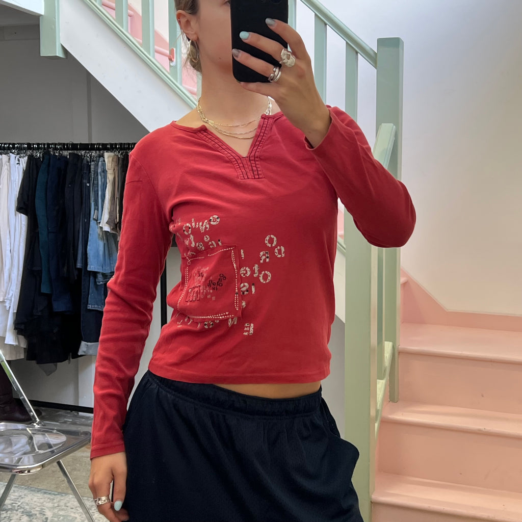 Red printed v neck top