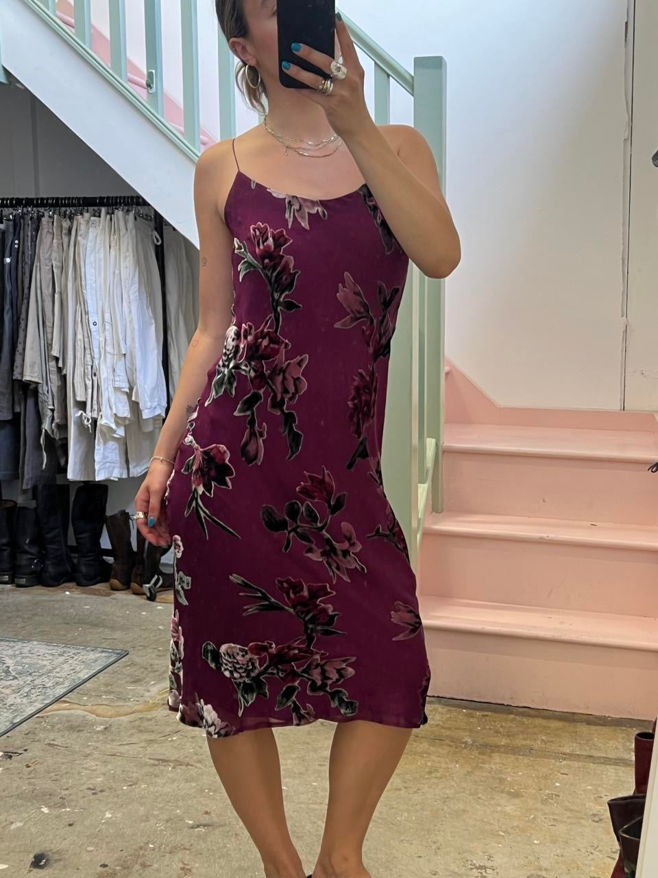 East purple floral silk slip dress