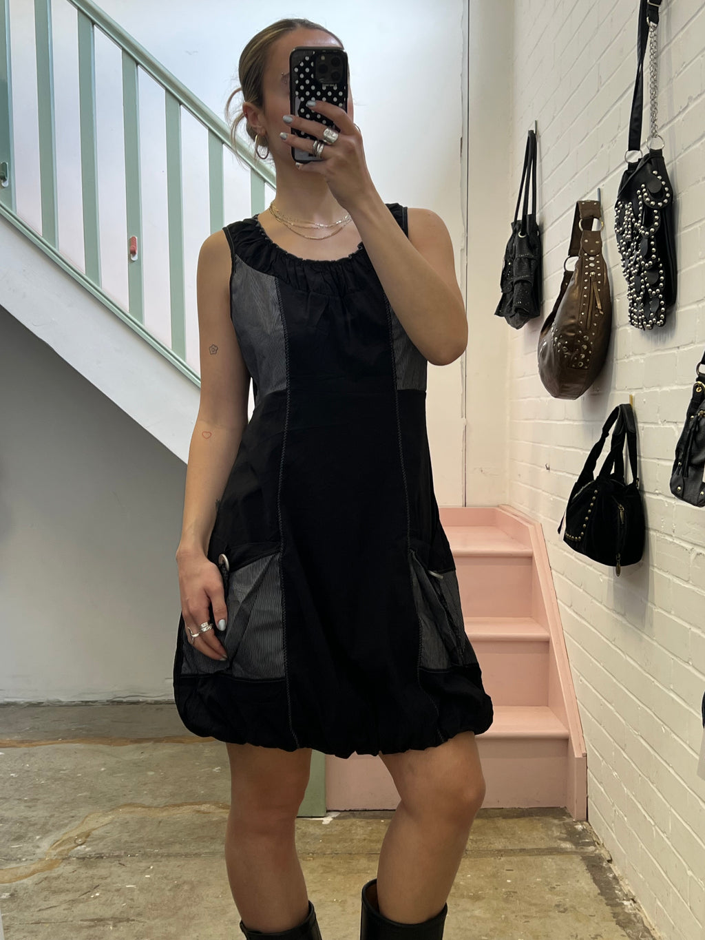 Black and grey utility style bubble mini dress