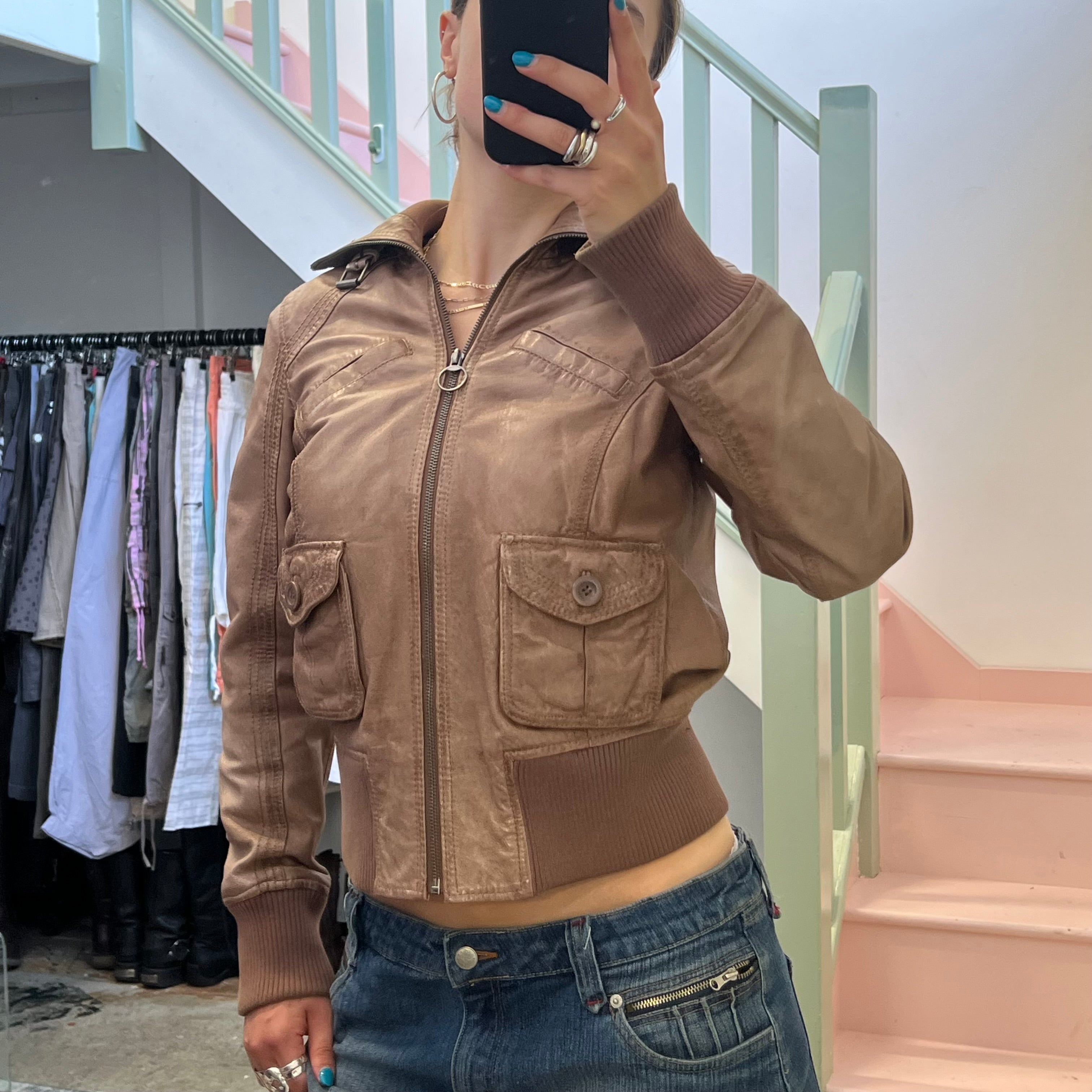Brown leather zip up bomber jacket