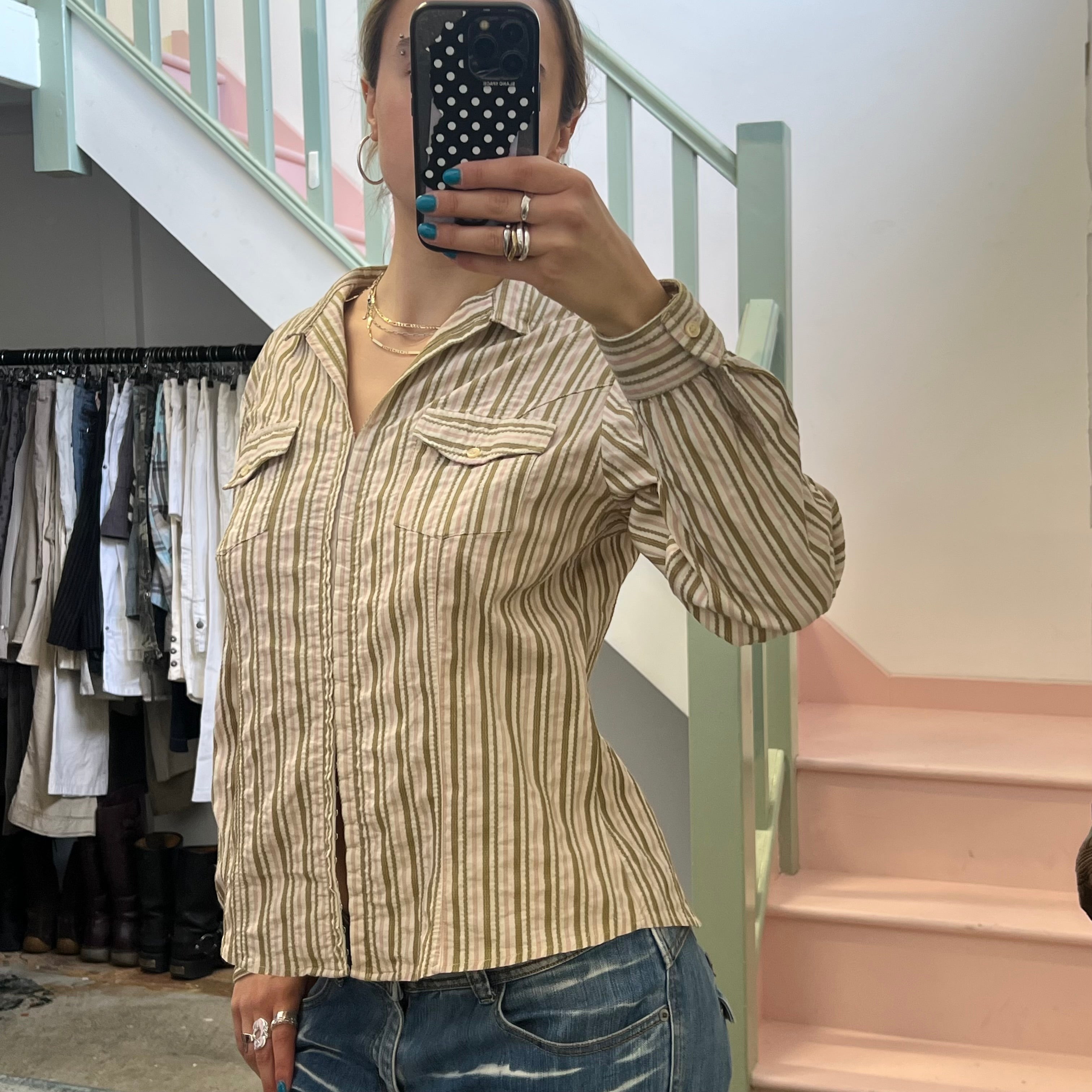Pink and khaki stripe shirt with hook and eye clasps