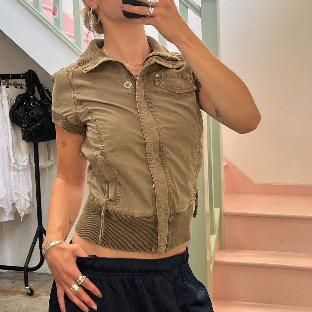 Khaki short sleeve utility bomber jacket