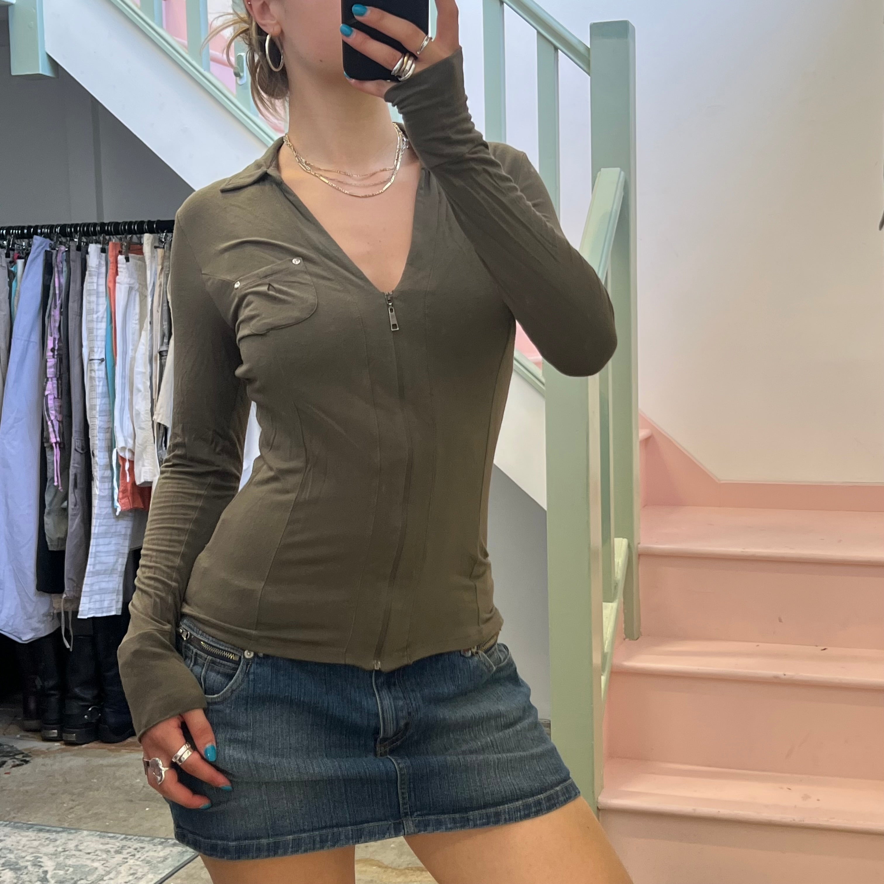 Khaki long sleeve zip up top