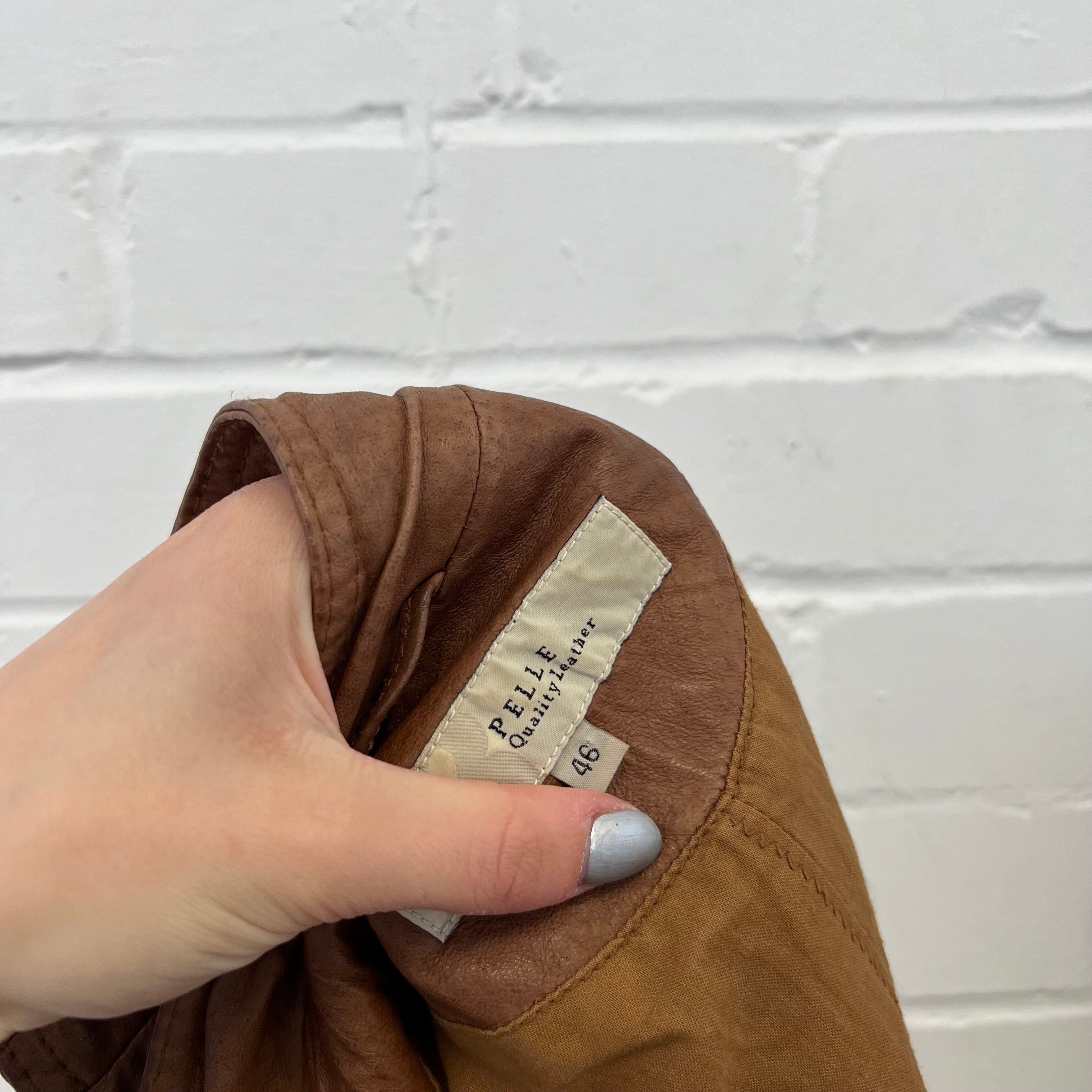 Brown tan button up fitted leather jacket