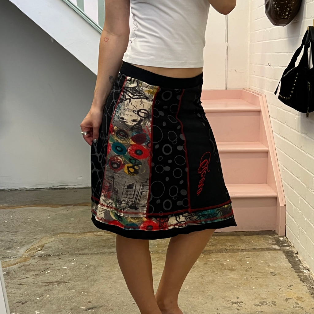 Black graphic print patchwork midi skirt