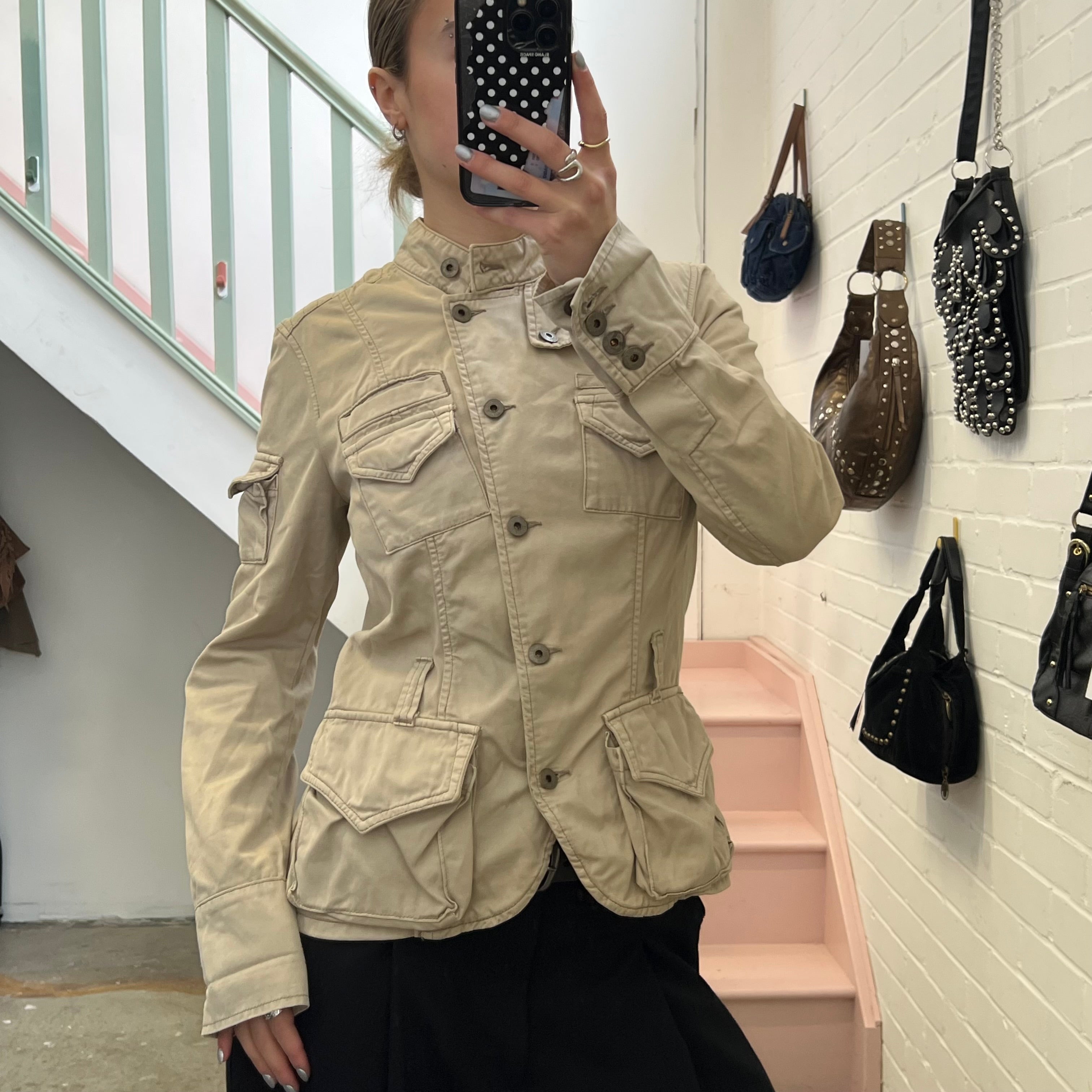 Cream button up utility style fitted jacket