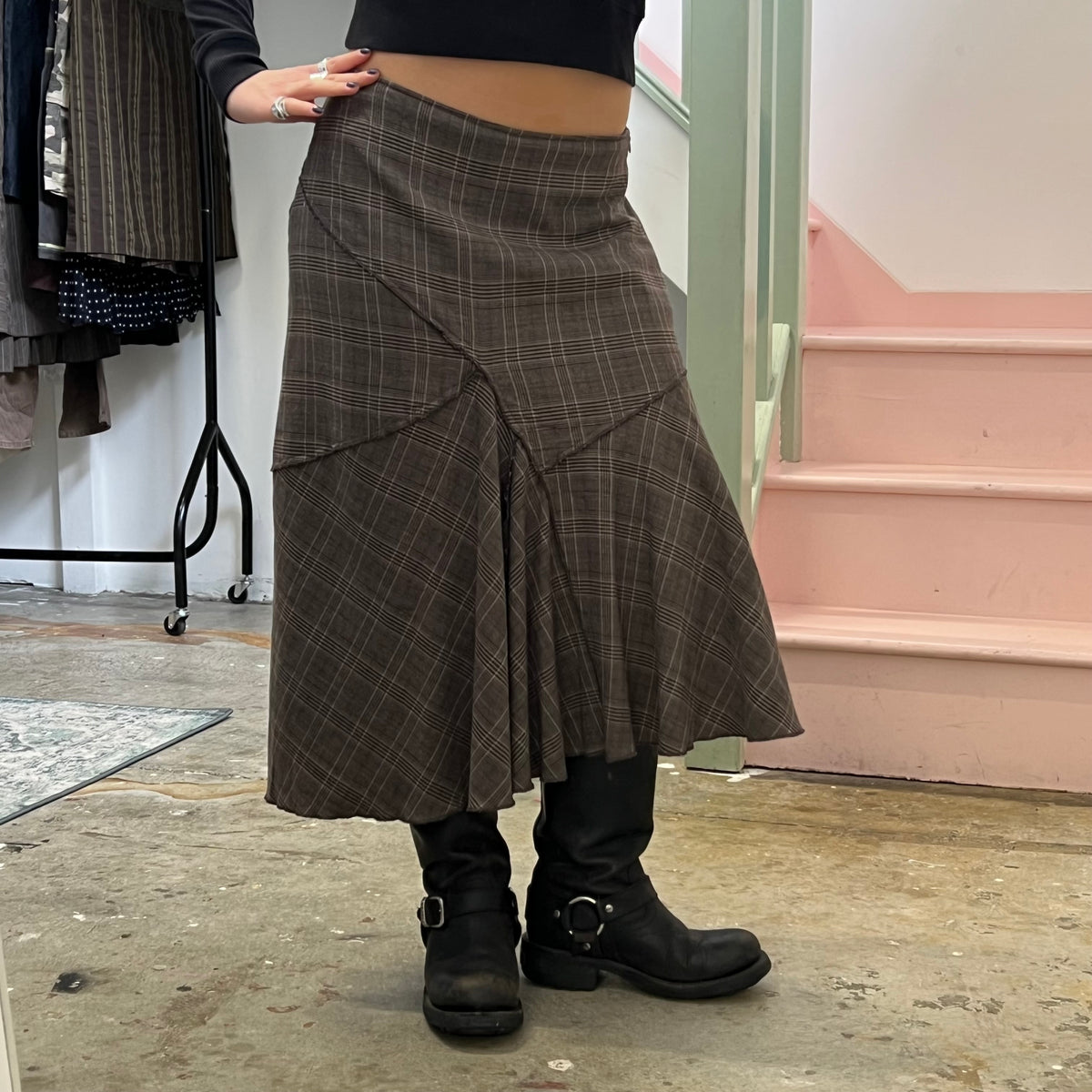 Brown check asymmetrical maxi skirt