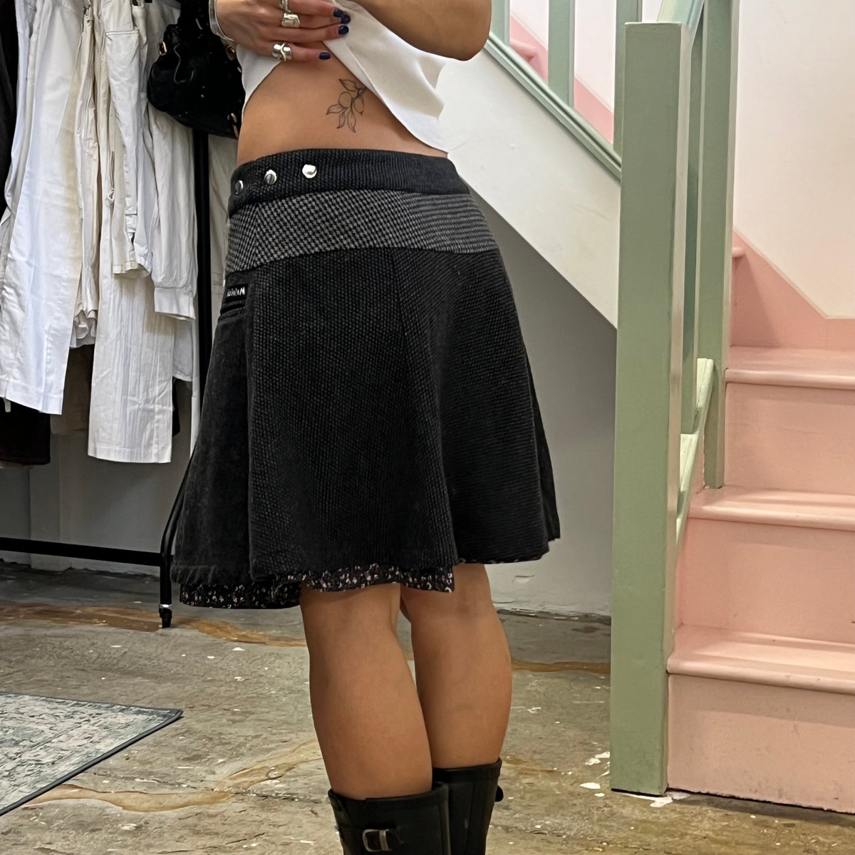 Moshiki grey wrap around reversible midi skirt