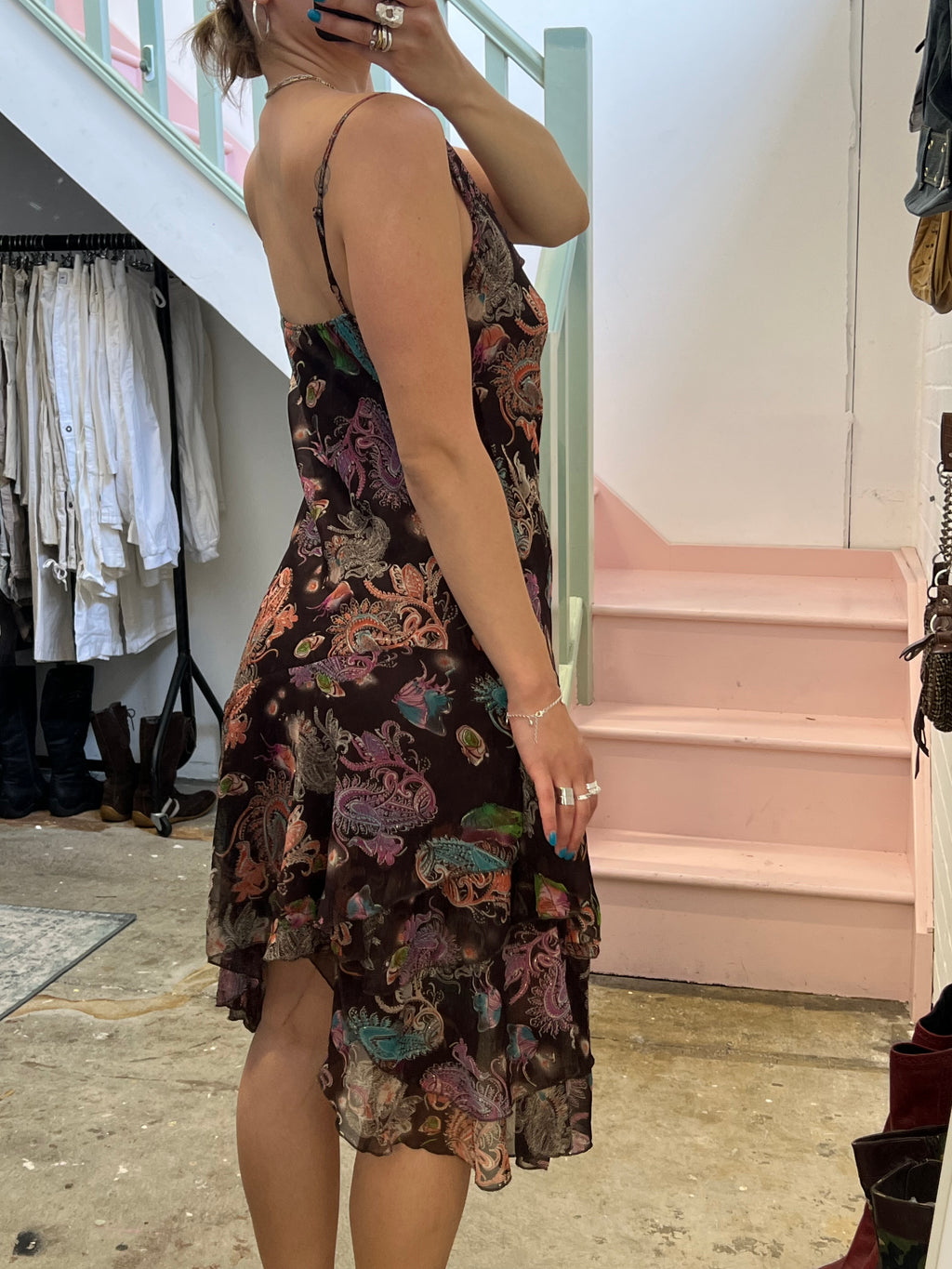 Brown paisley cowl neck asymmetrical slip dress