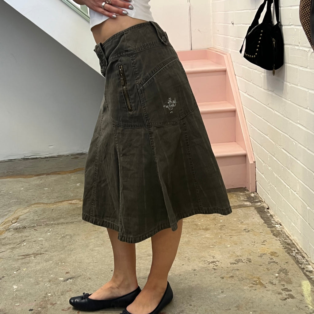 Brown check denim midi skirt