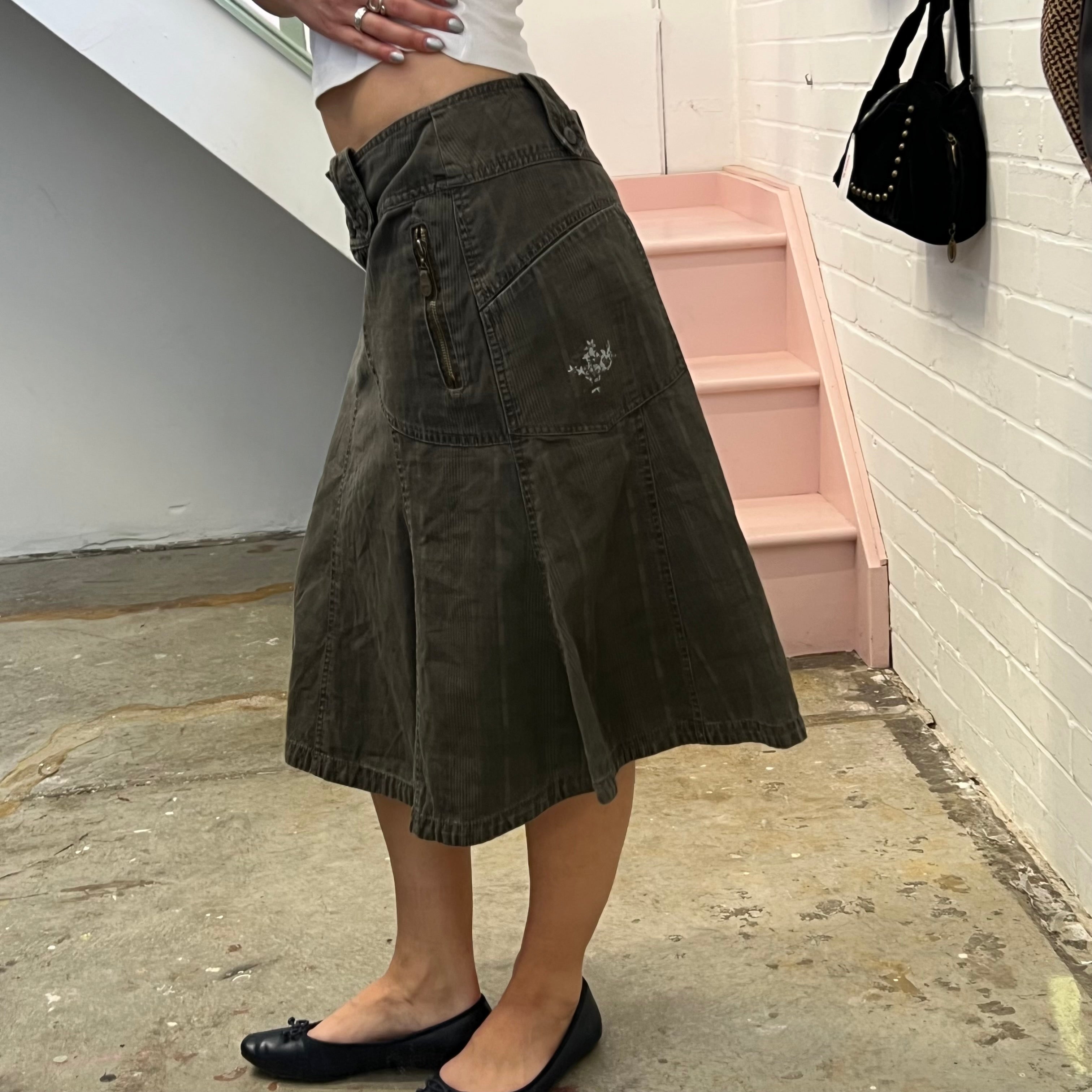 Brown check denim midi skirt
