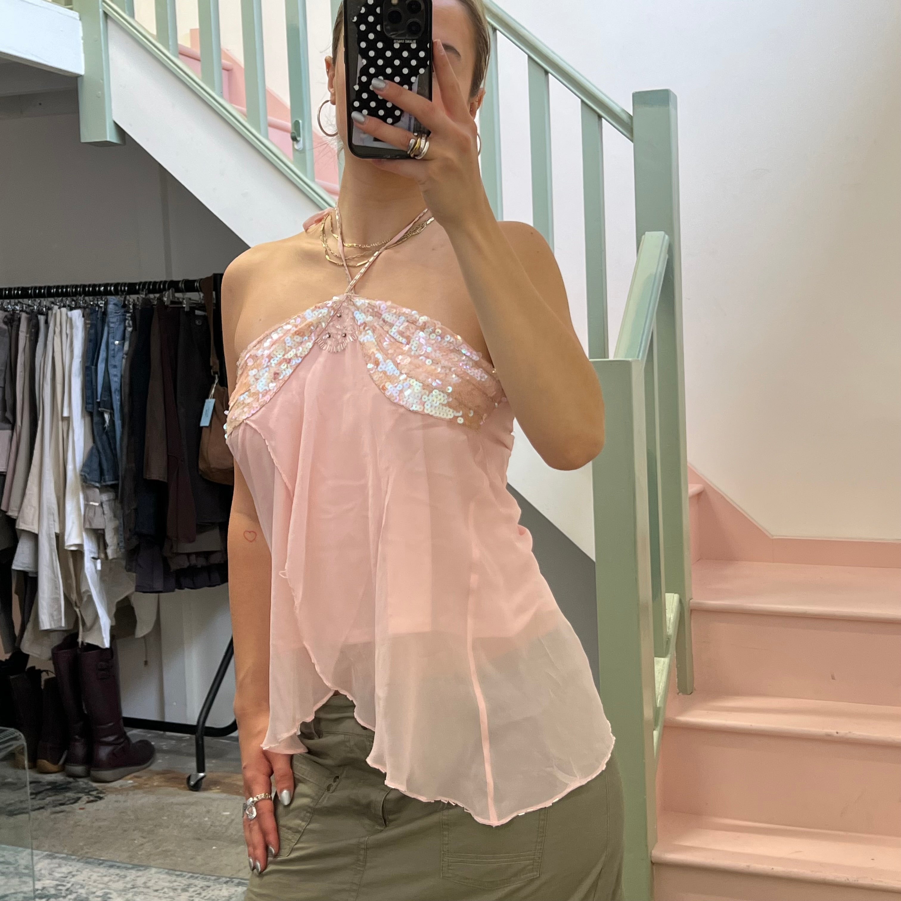 Baby pink sequin floaty halter vest