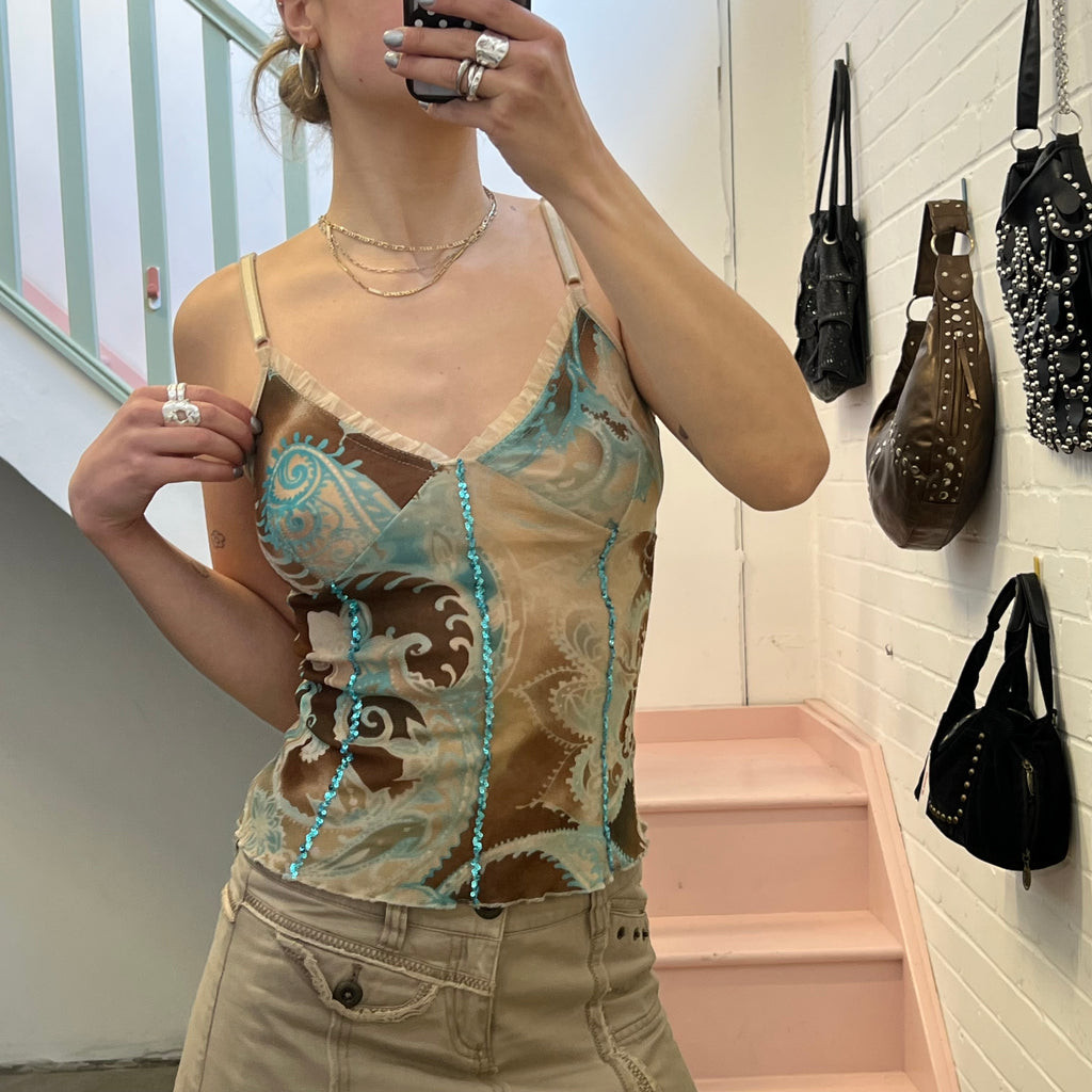 Blue and cream printed mesh vest