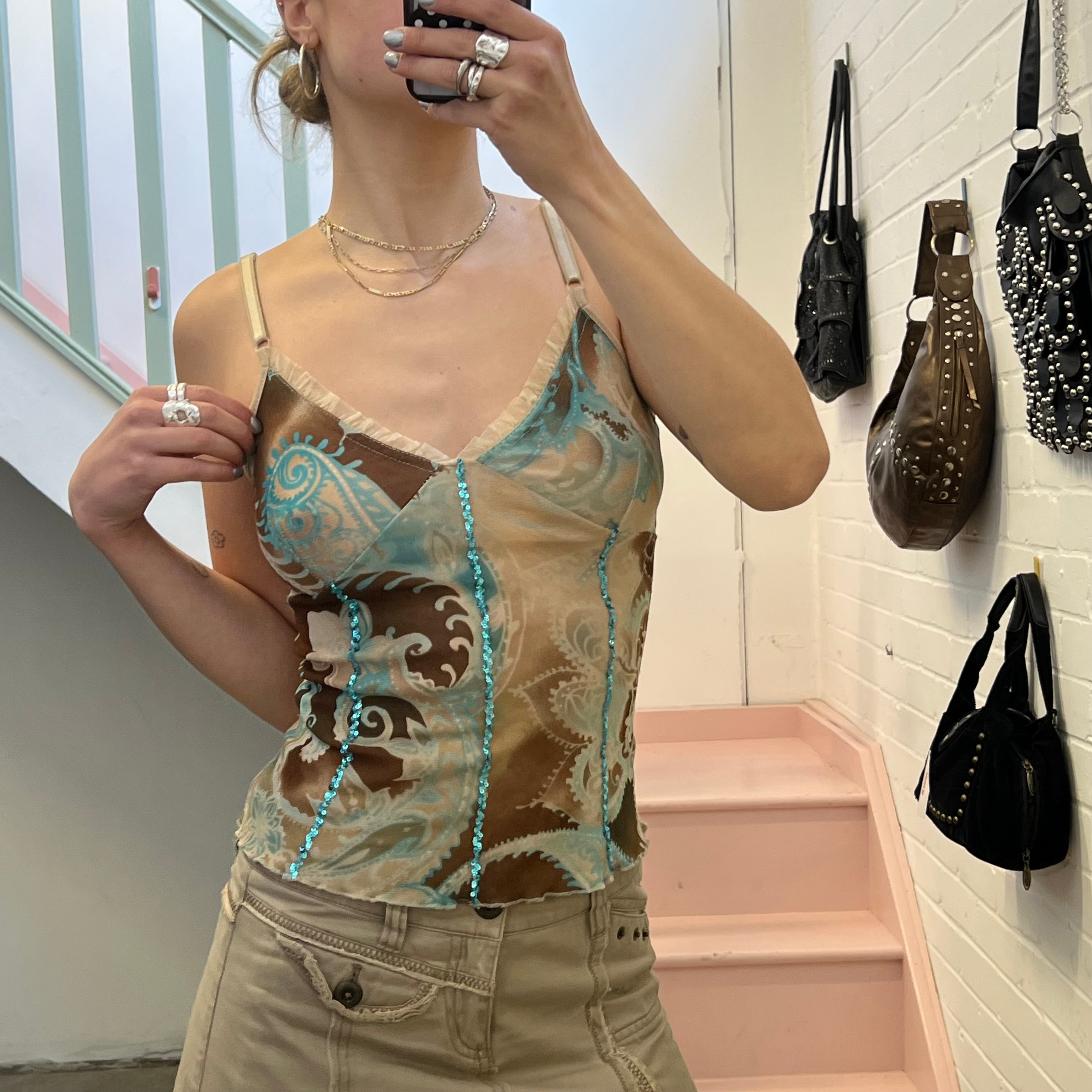 Blue and cream printed mesh vest