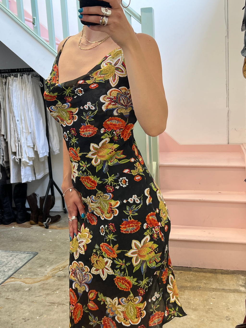 Black paisley cowl neck slip dress
