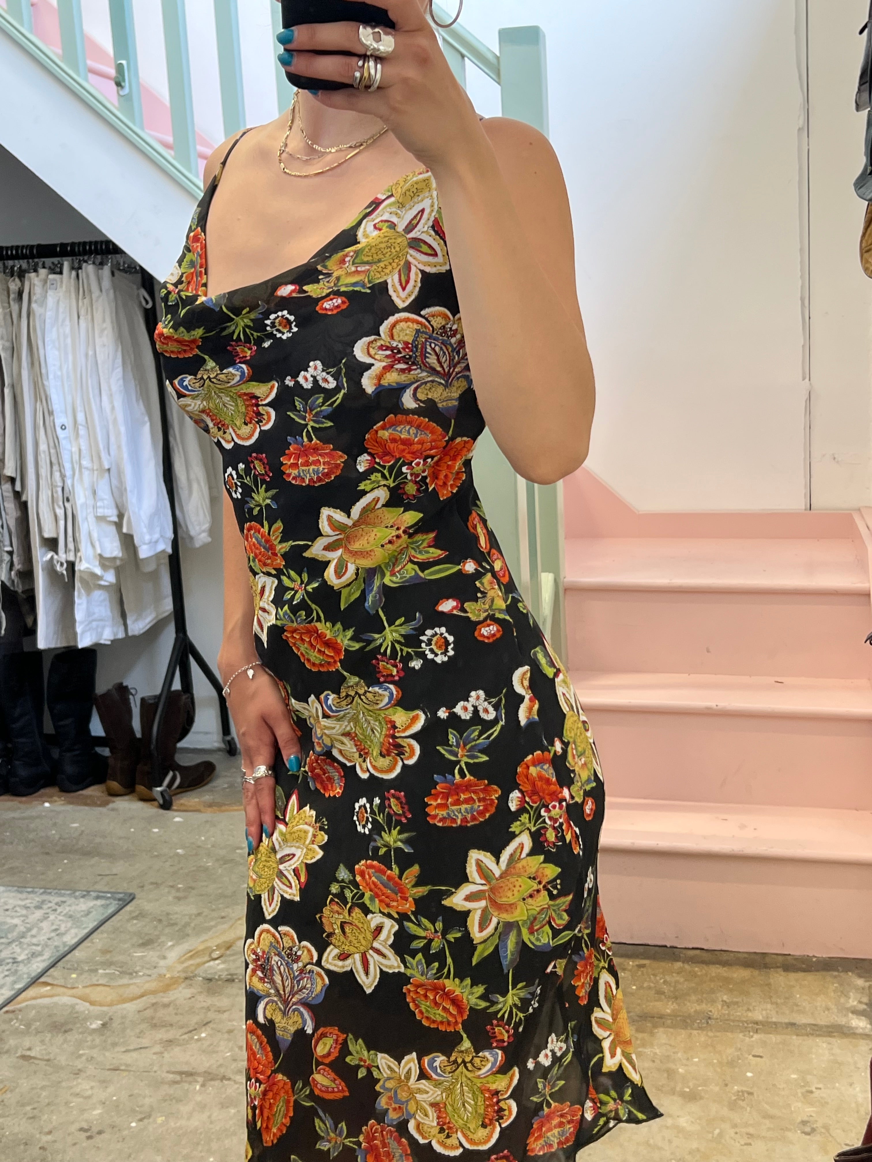 Black paisley cowl neck slip dress