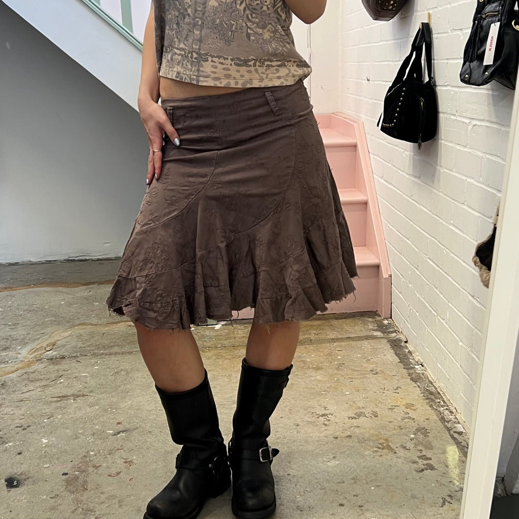 Brown embroidered flared midi skirt