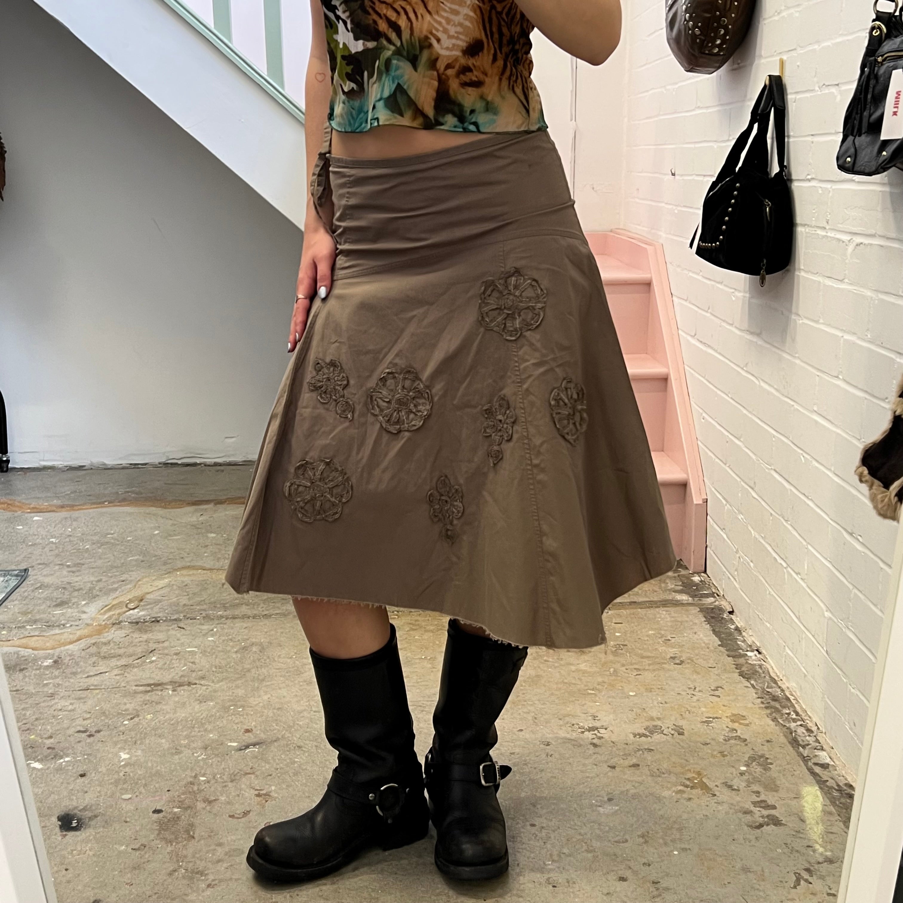 Khaki embroidered asymmetrical midi skirt