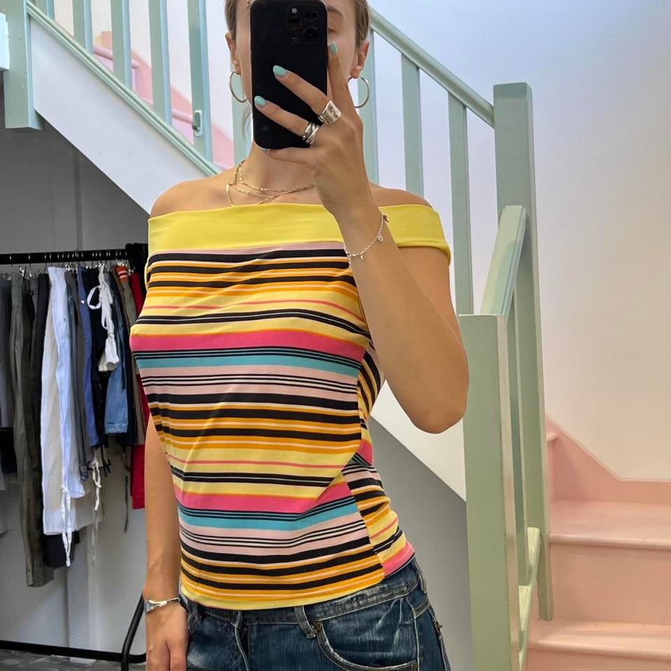 Yellow striped off shoulder top
