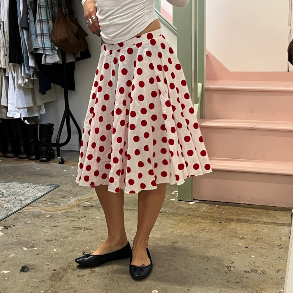 Red and white polka dot pleated midi skirt