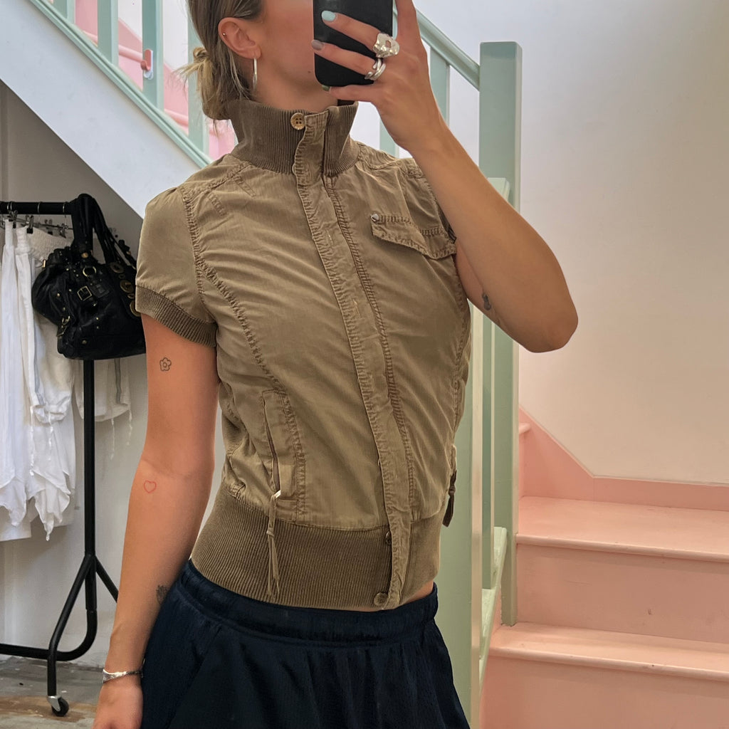 Khaki short sleeve utility bomber jacket