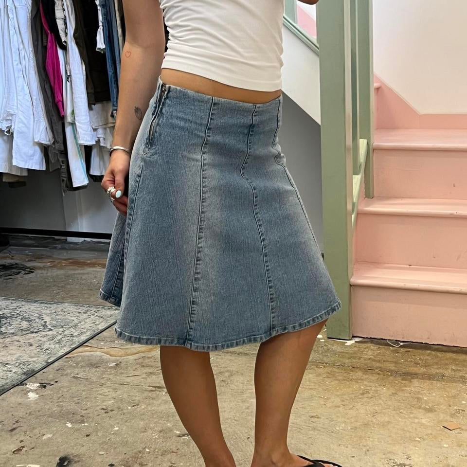 Light wash floaty denim midi skirt