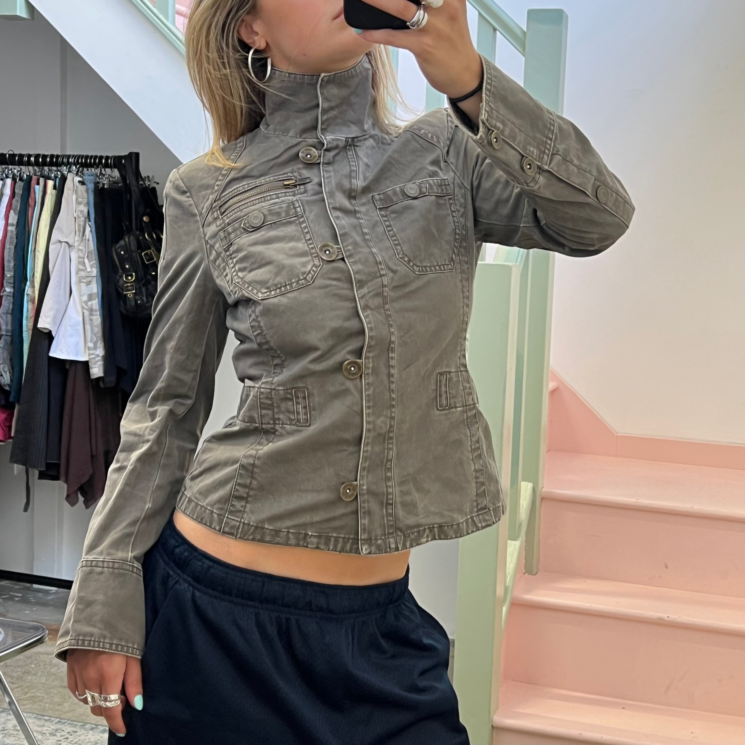 Mexx khaki fitted button up utility style jacket
