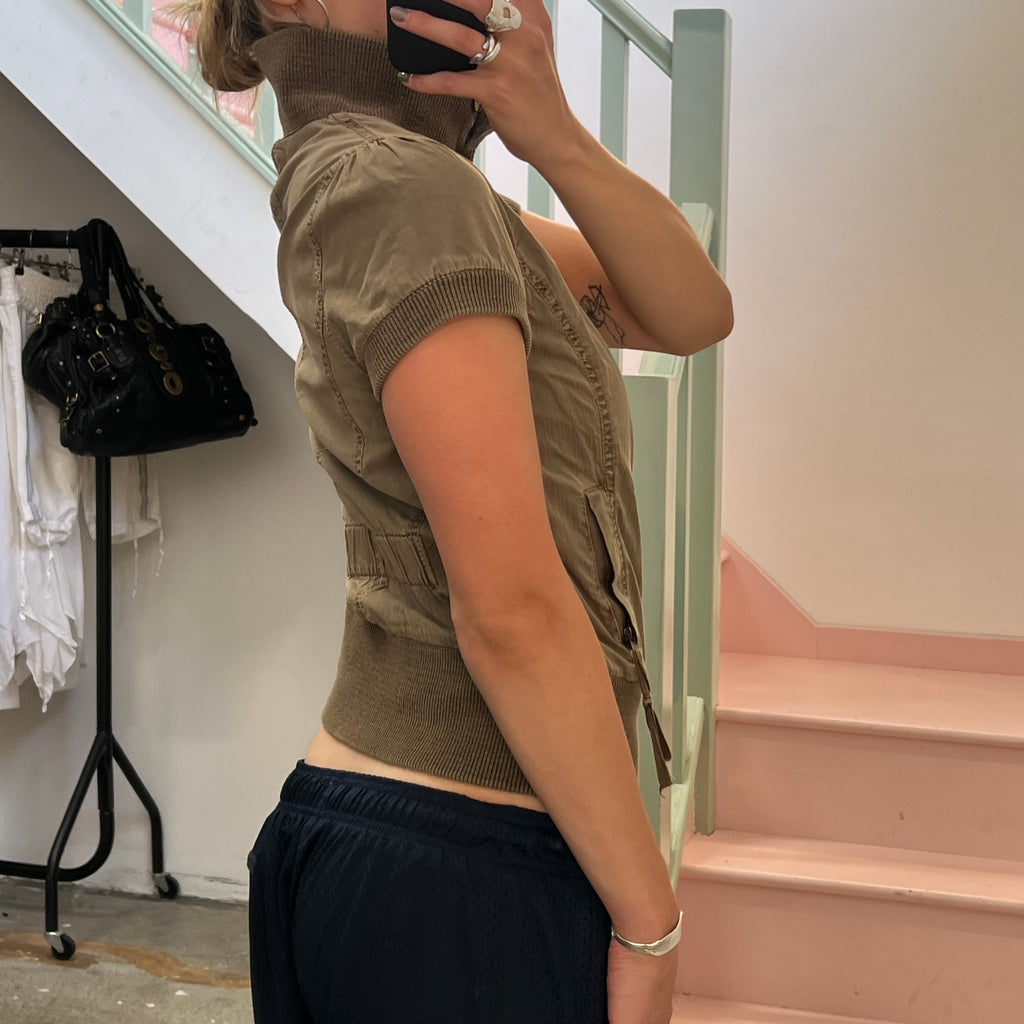Khaki short sleeve utility bomber jacket