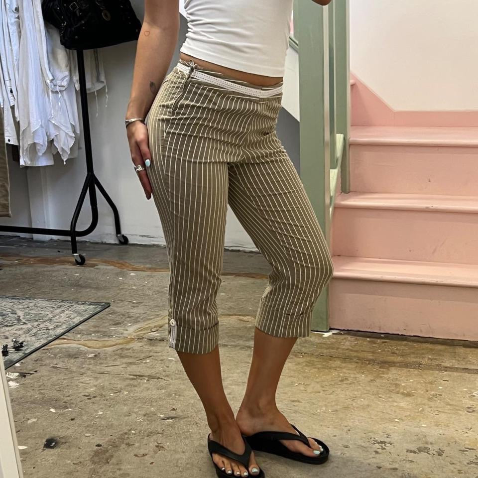 Cream and white pinstripe slim fit capris