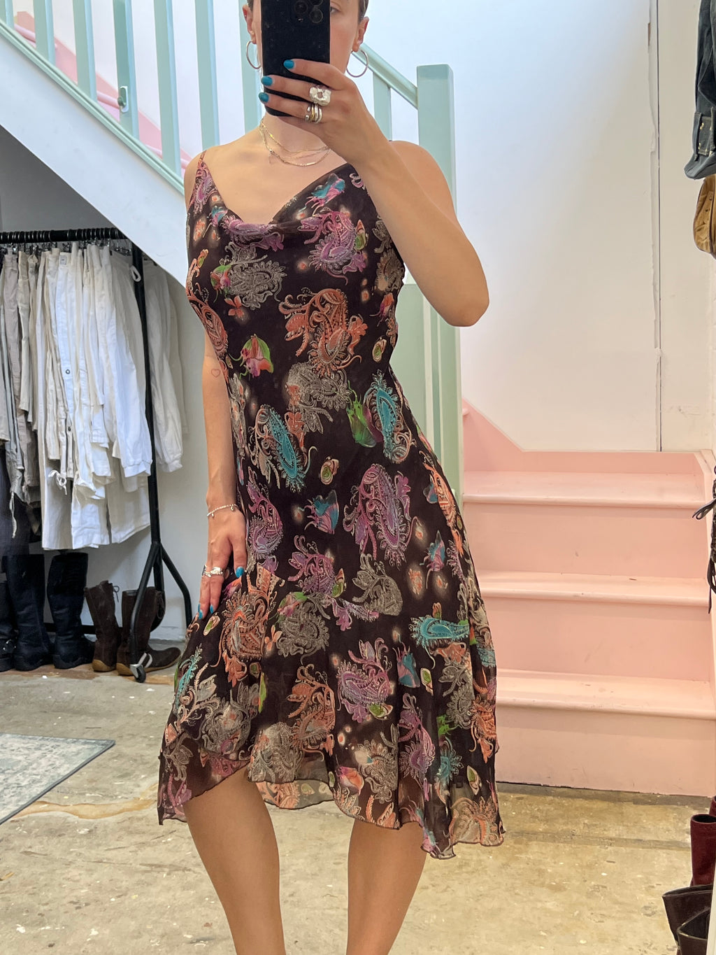 Brown paisley cowl neck asymmetrical slip dress