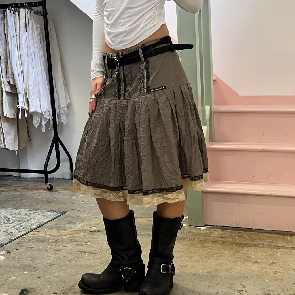 Brown crinkle lace trim belted midi skirt