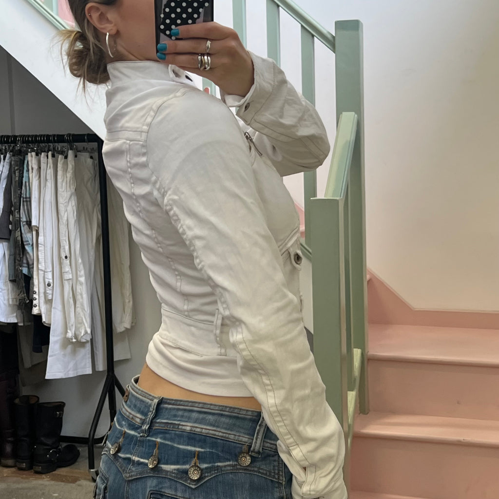 White denim zip up biker jacket