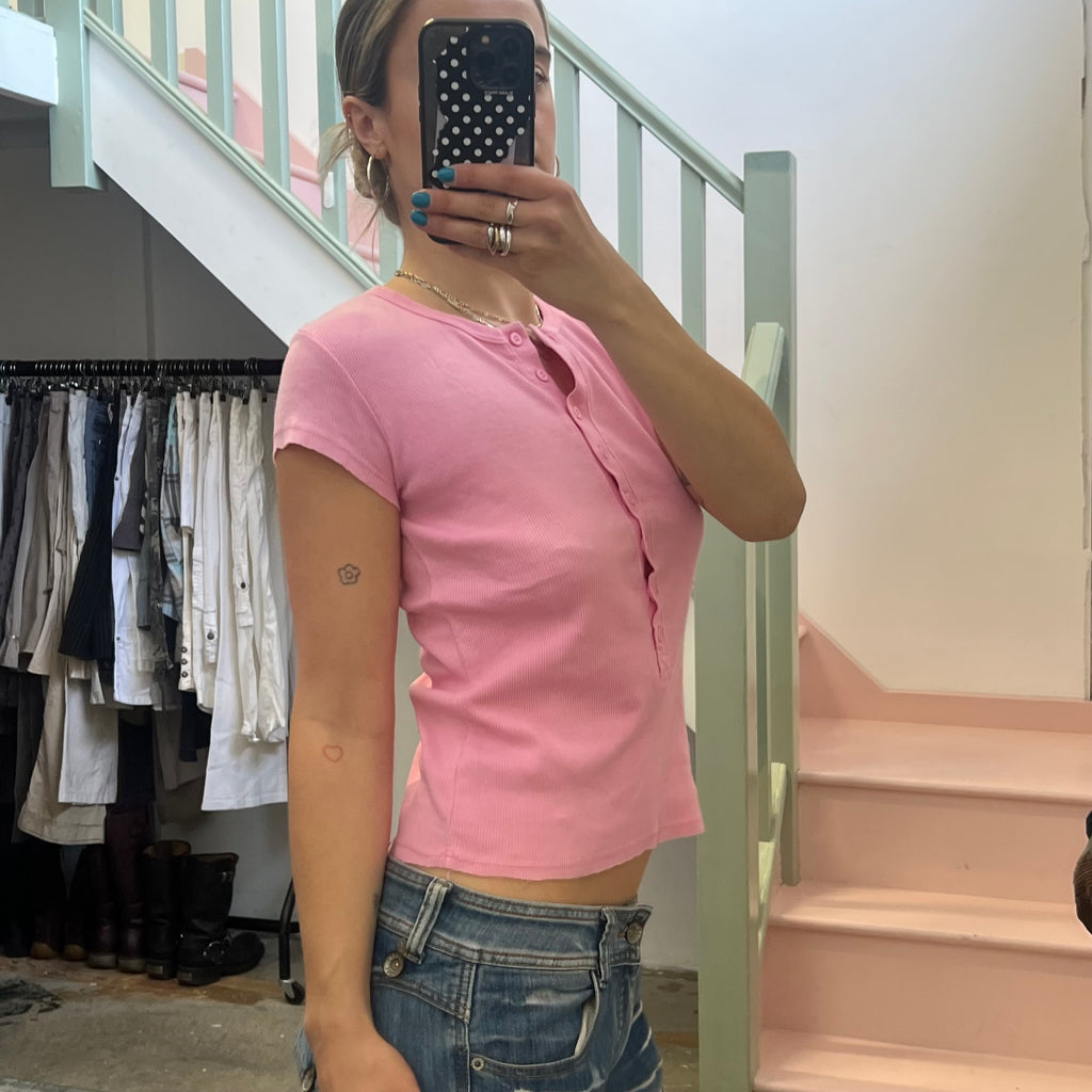 Pink ribbed button up tee