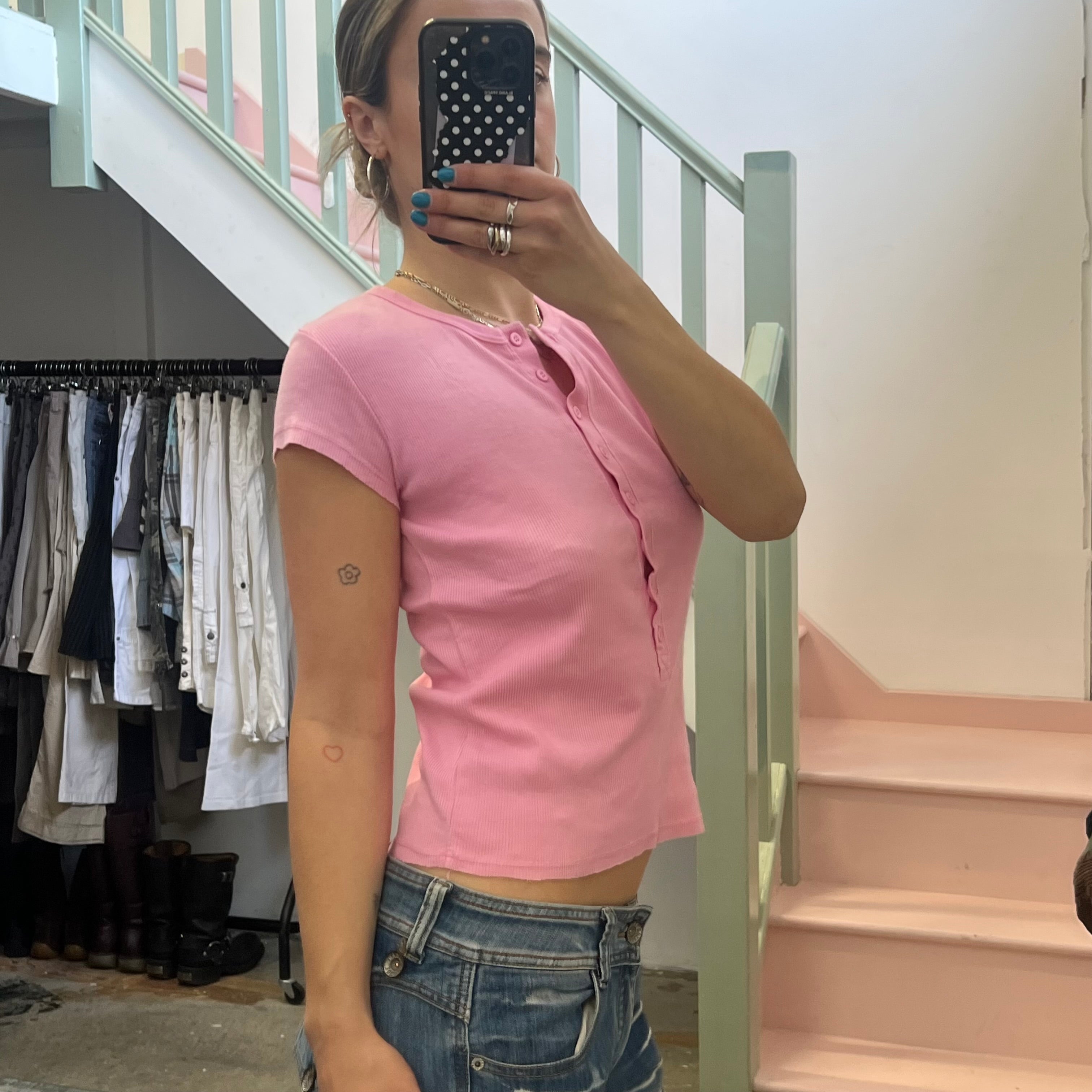Pink ribbed button up tee