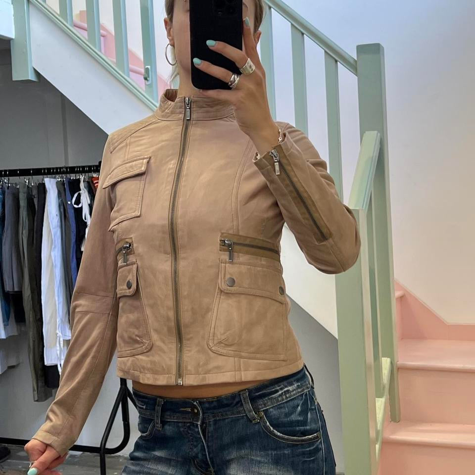 Light brown tan fitted zip up leather biker jacket