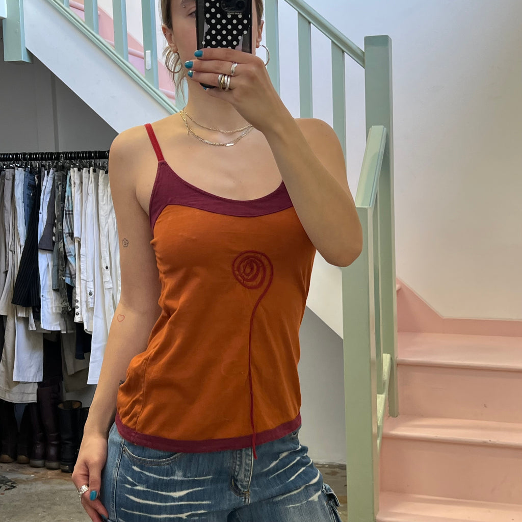 Orange and red swirl print strappy vest