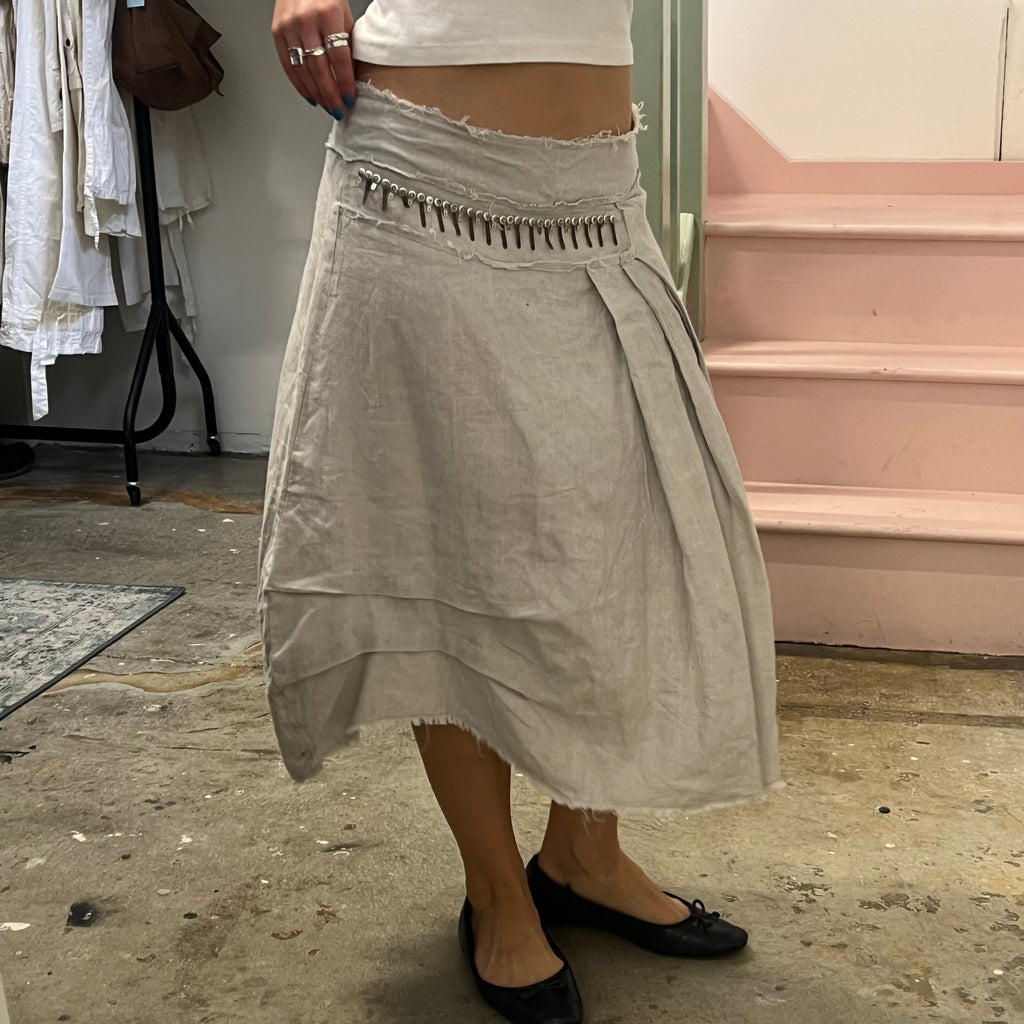 Grey linen asymmetrical beaded maxi skirt